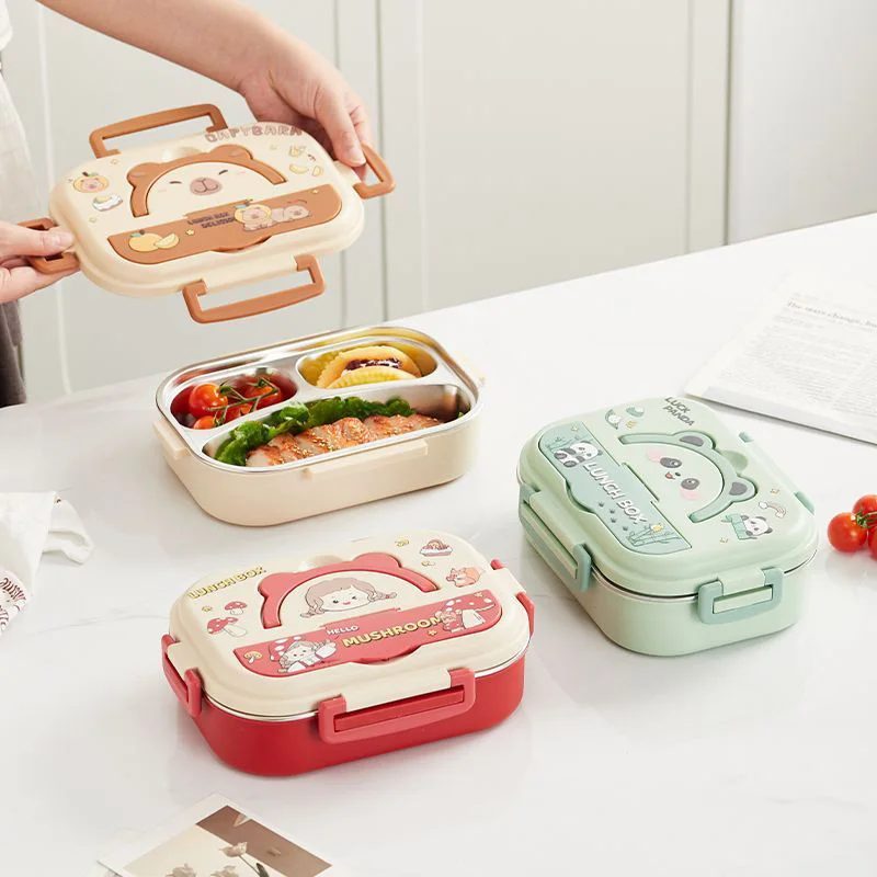 

Cute Cartoon Pattern Bento Box with Compartments Portable Lunch Box Stainless Steel Food Container for Adults Kids Desktop Decor