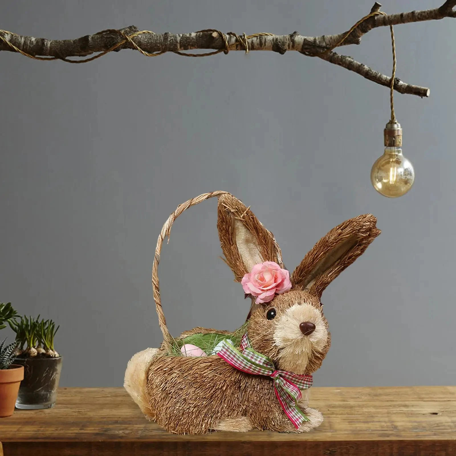 

Straw Rabbit Decoration Filled Eggs Basket Straw Easter Rabbit Decor Ornament Bunny Figurine Indoor Outdoor Spring Decor Props