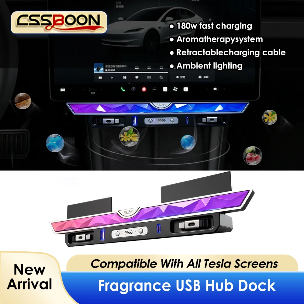 For Tesla Crystal Aromatherapy Dock 180W Fast Charging Hub with Retractable Cable RGB Ambient Light USB-C Expansion Station