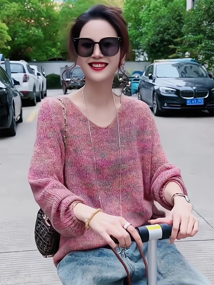 

Casual Pink V-Neck Knitted Sweater Women's Premium Early Autumn New Style Loose Fit Korean Style Long Sleeve Fashion Top