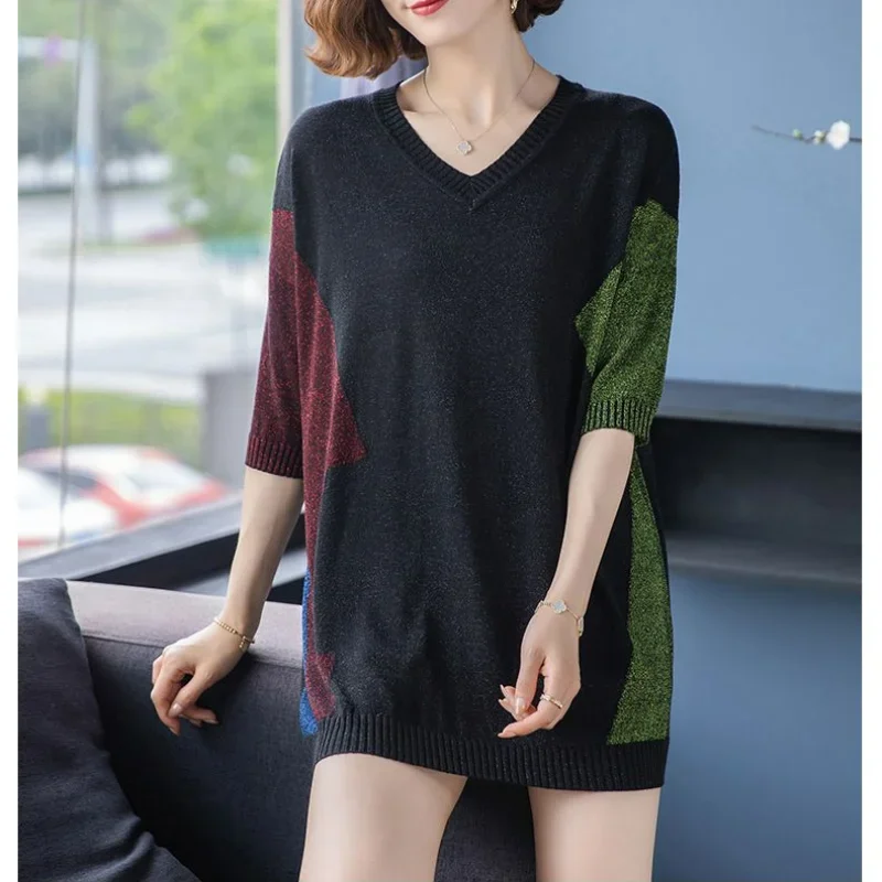 Women Clothing Casual Oversized Knitted T-shirt Spring Summer Tees Female Fashion 3/4 Sleeve V-neck Vintage Midi Contrast Tops
