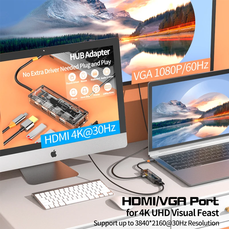Type-C to HDMI-compatible USB3.0VGA USB-C PD3.0 Data2.0 3.5mm Audio 6in1 for Macbook Pro air usb c docking station usb c hub
