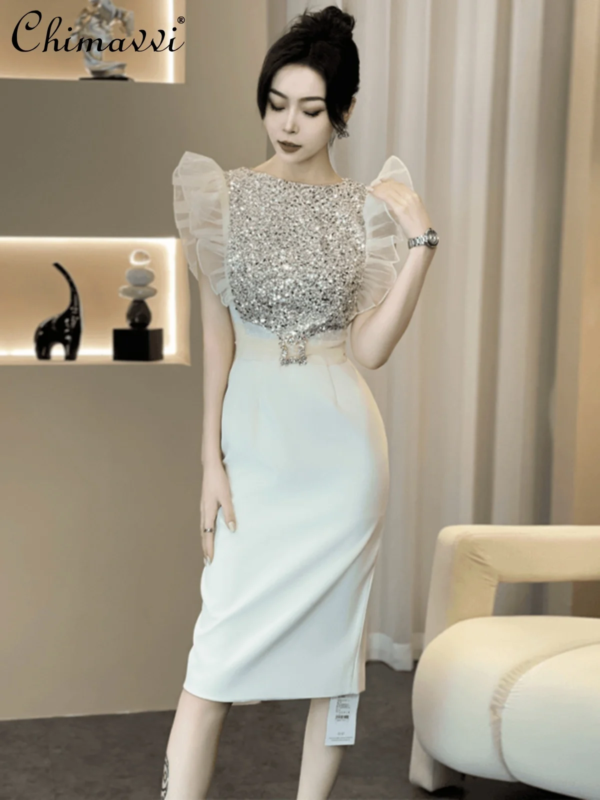 

French Elegance Temperament Sequined Round Neck Splicing Flying Sleeves High Waist Slim Split Hip-wrapped Evening Dress Women