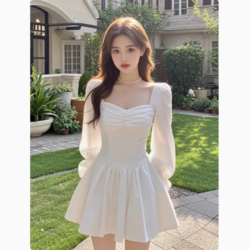 

Women's Pleated Puff Sleeve A-Line Skirt Solid Color Pullover Long Sleeve Fashion Casual Commuting Dress