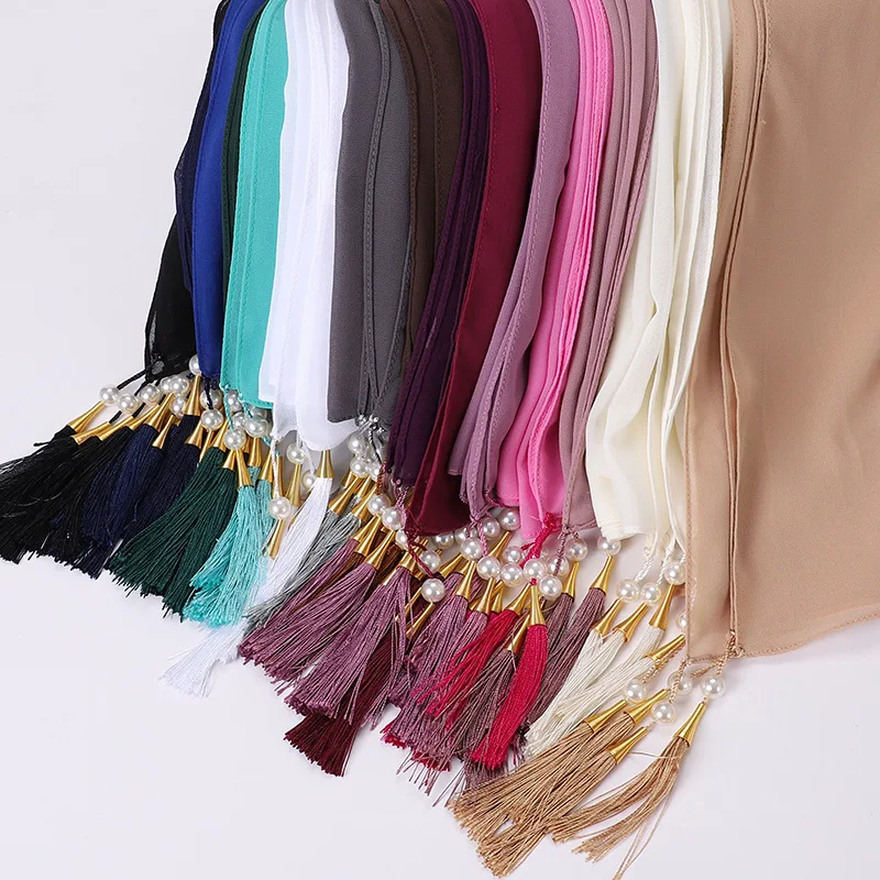 115*115CM Europe and The United States New Solid Color Monochrome Pearl Chiffon Tassel Scarf Malaysia 110 Large Square Scarf