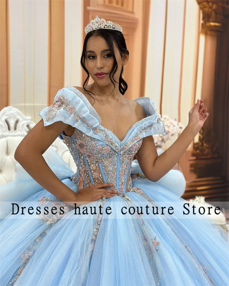 Light Blue Quinceanera Dresses Ball Gown 2023 Birthday Party Dress Lace Up Sweet 16 Dress With Bow Quinceanera De 15 Anos