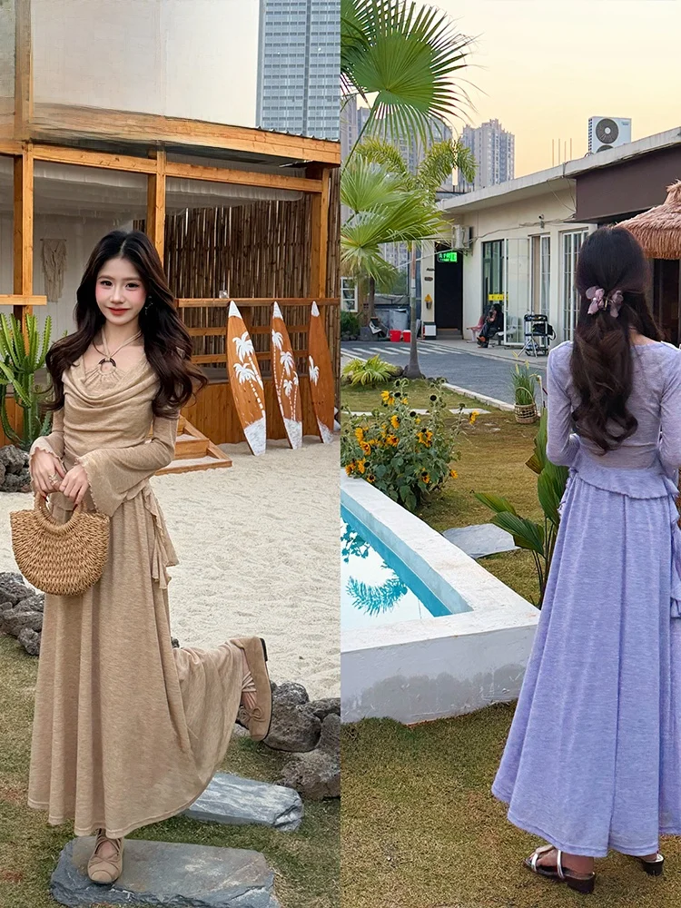 

Spring Design High Waist Skirt And Top Set Women's Faion Outfit Breathable Polyester Fiber Long Sve T-irt And f Skirt