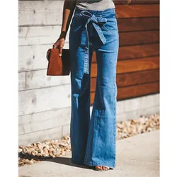 Blue Tie Waist Flare Jeans Women Slim Denim Trousers Vintage Clothes 2021 spring High Pants Belted Stretchy Wide Leg