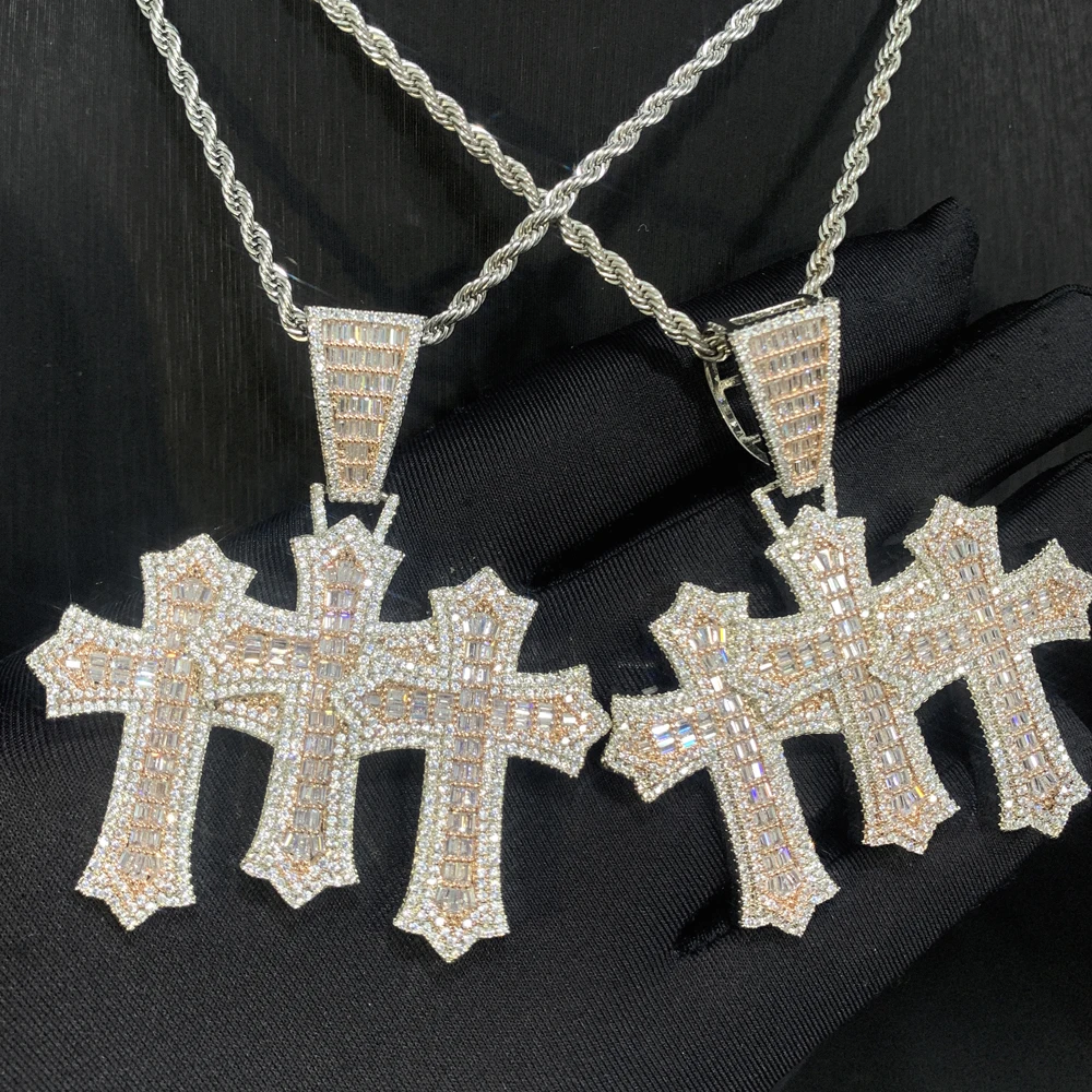 2024 Iced Out Bling Cz Cubic Zirconia Paved 3pcs Cross Set Pendant Necklace Link Chain Luxury Hip Hop Jewelry for Gift