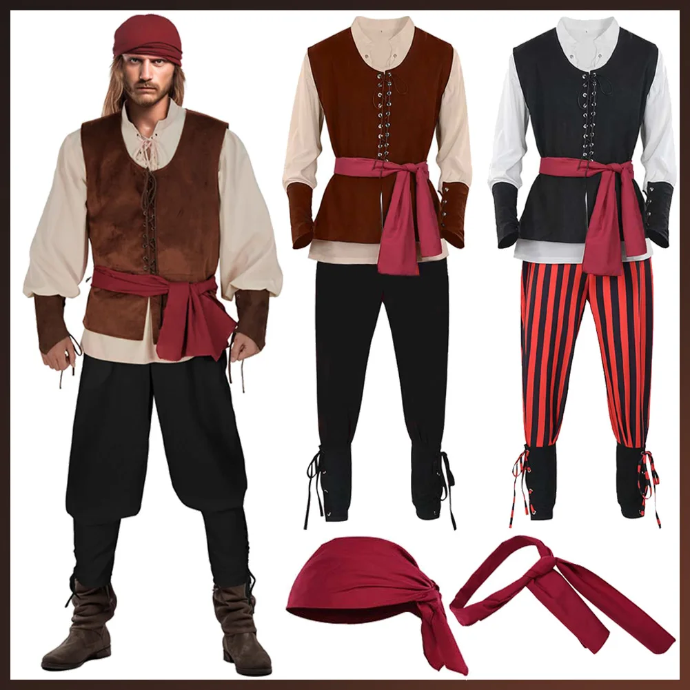 

Medieval Pirate Cosplay Red Striped Costume Renaissance Roleplay Pirate Stage Performance Outfits Hat Scarf Vest Halloween Suit