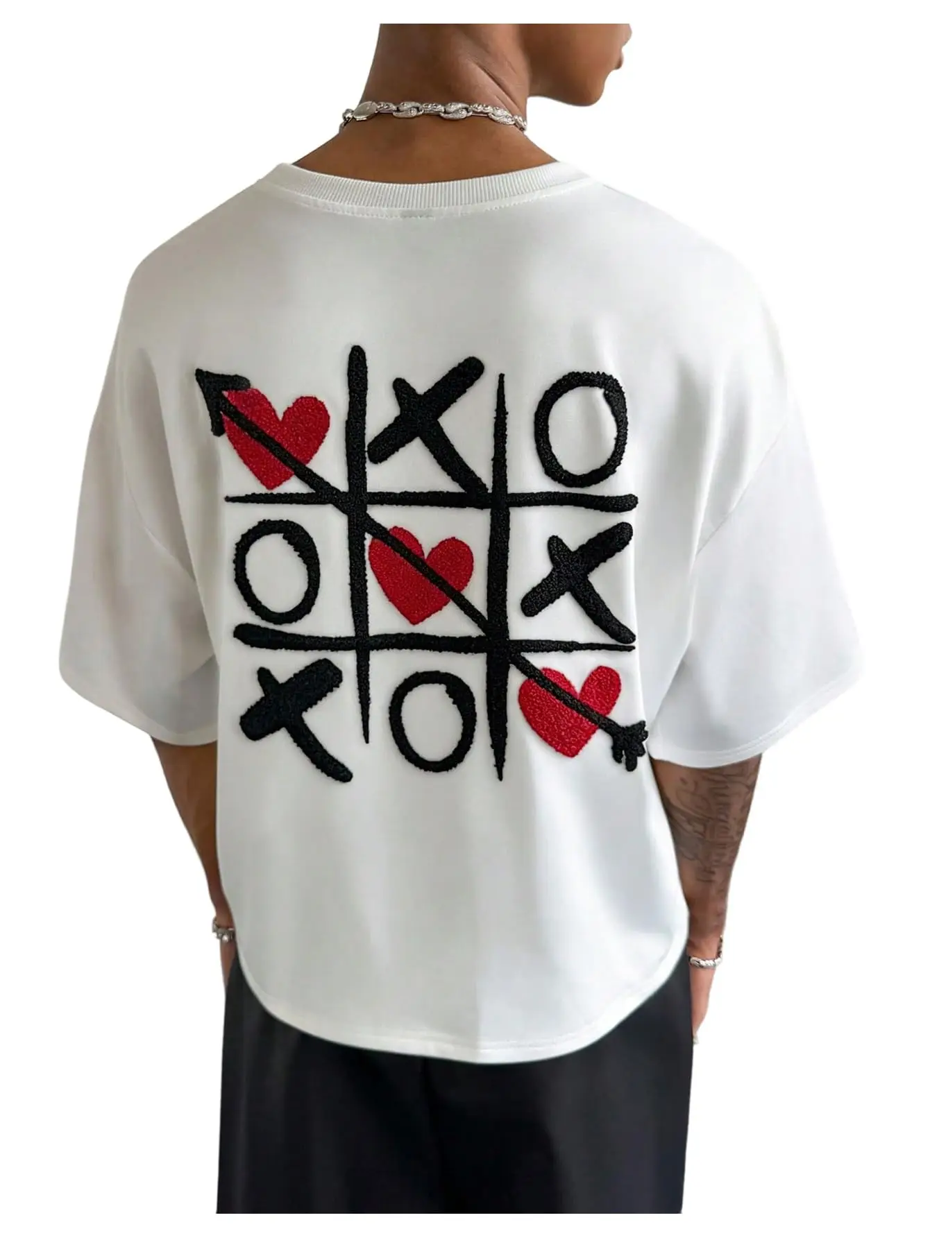 2026 Men Oversized Cropped T‑Shirt Tic‑Tac‑Toe Heart Arrow Embroidery Graphic Urban Streetwear Short Sleeve Tops For Youth