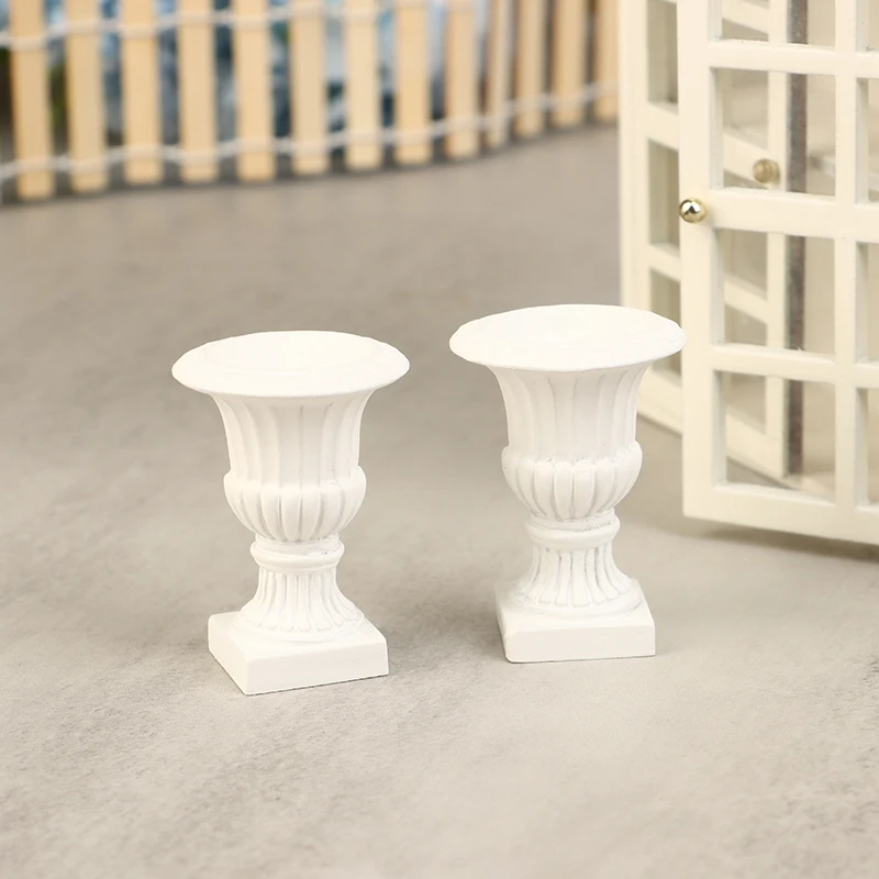 1Pair 1:12 Dollhouse Miniature White Pillar Flower Pot Mini Potted Green Plants Bonsai Plant Pot Model Home Balcony Garden Decor