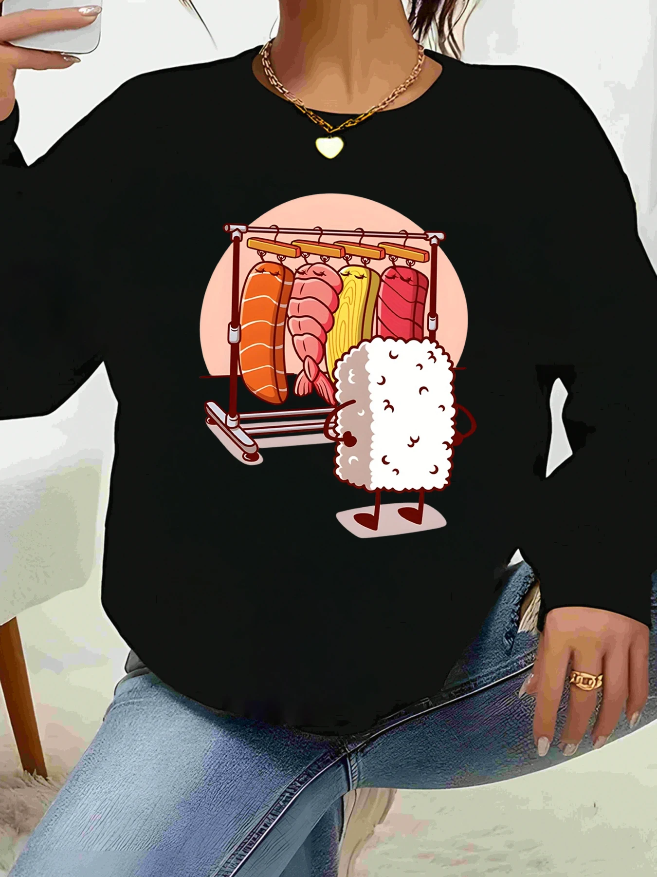 Sushi Rack Print T-shirt met lange mouwen Halloween Vrijetijdskleding Dames