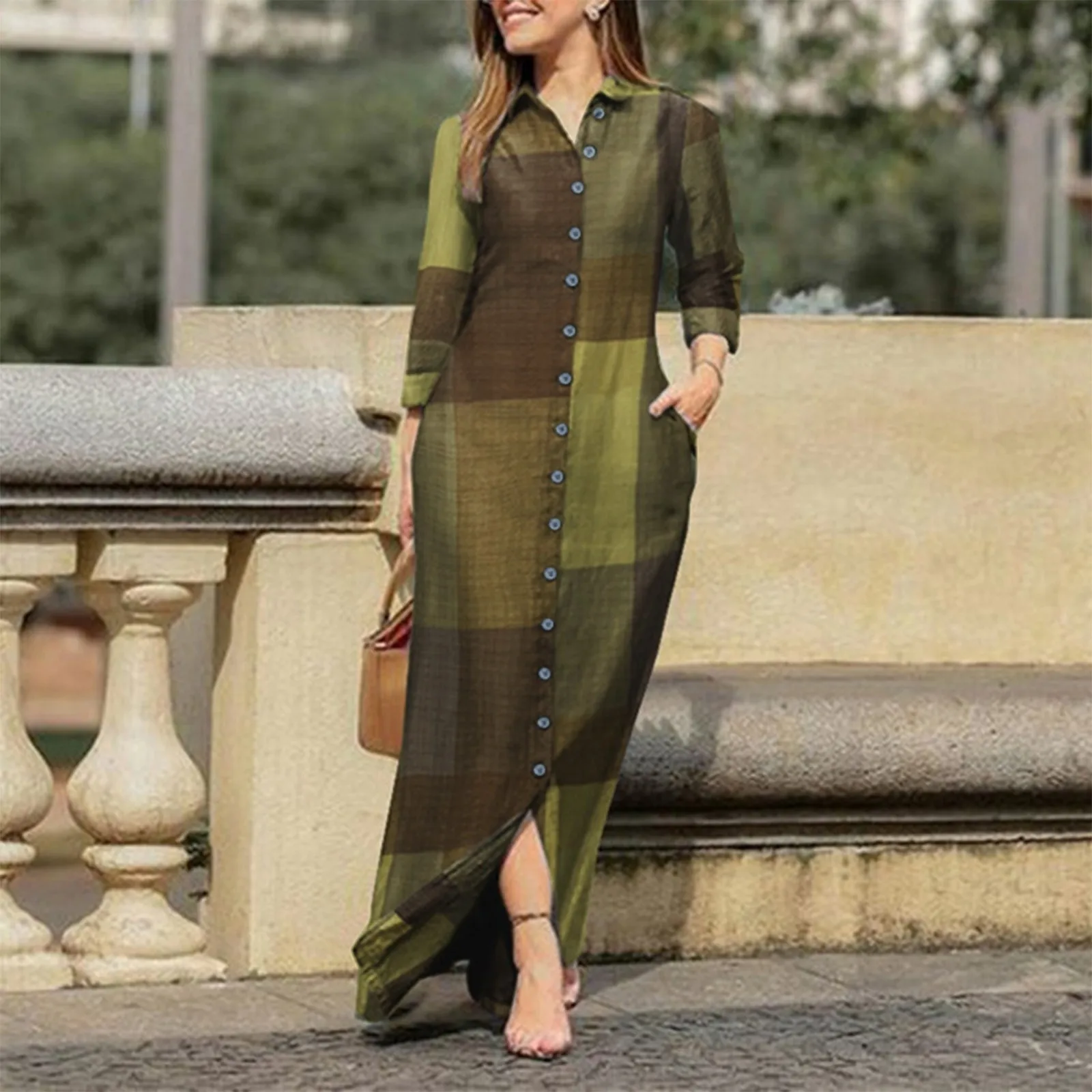 

Women'S Boho Vintage Shirt Dress Trendy Plaid Color Contrast Long Sleeve Button Dress Spring Summer Hawaiian Ankle Length Dress