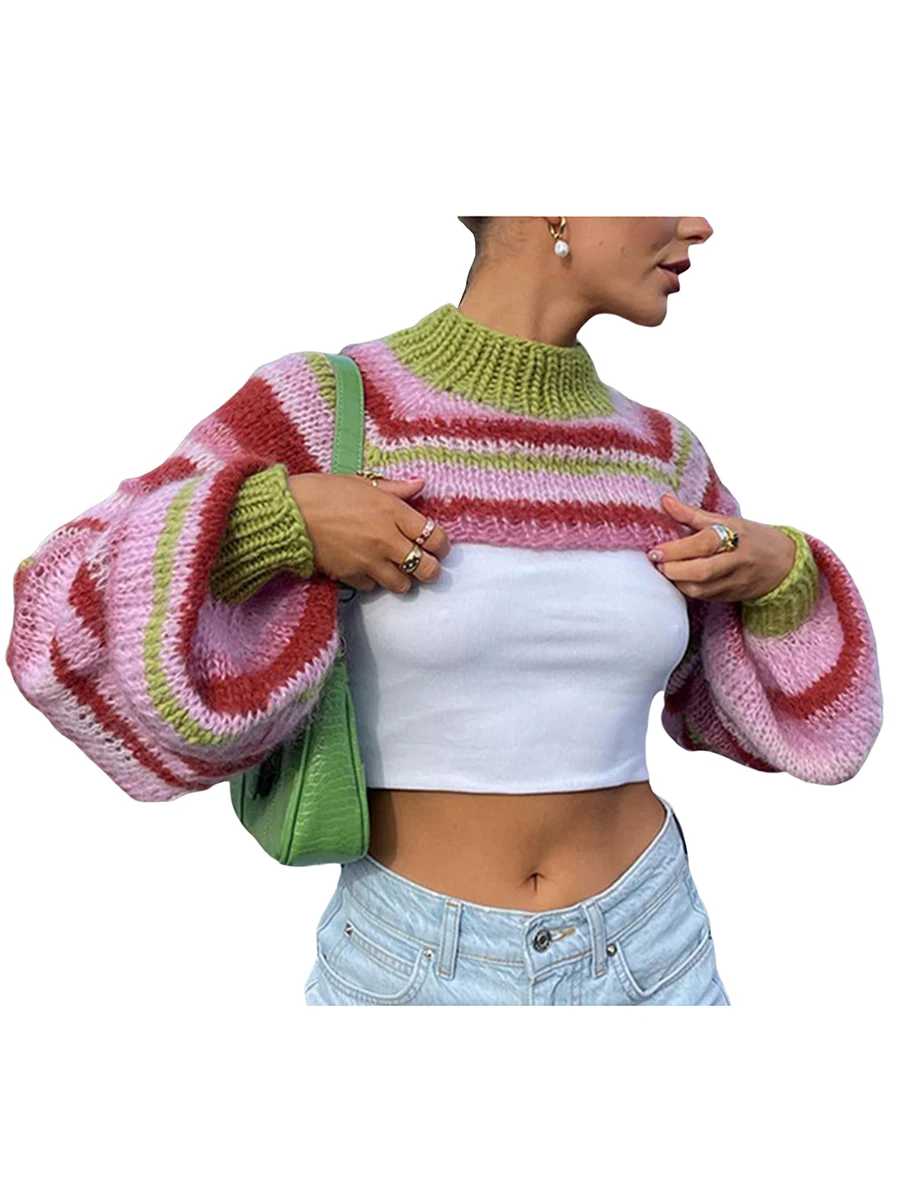 

Women Knitted Shrug Sweater Casual Striped Loose Long Sleeves Half Turtleneck Pullover Crop Tops Streetwear