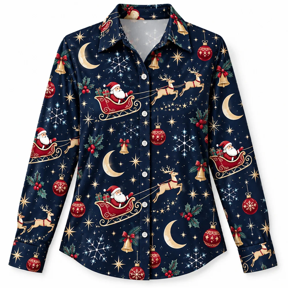 Santa Claus Christmas Shirt for Men Snowman Gingerbread Tree Print Long Sleeve Button Up Holiday Party Casual Winter Festive Top