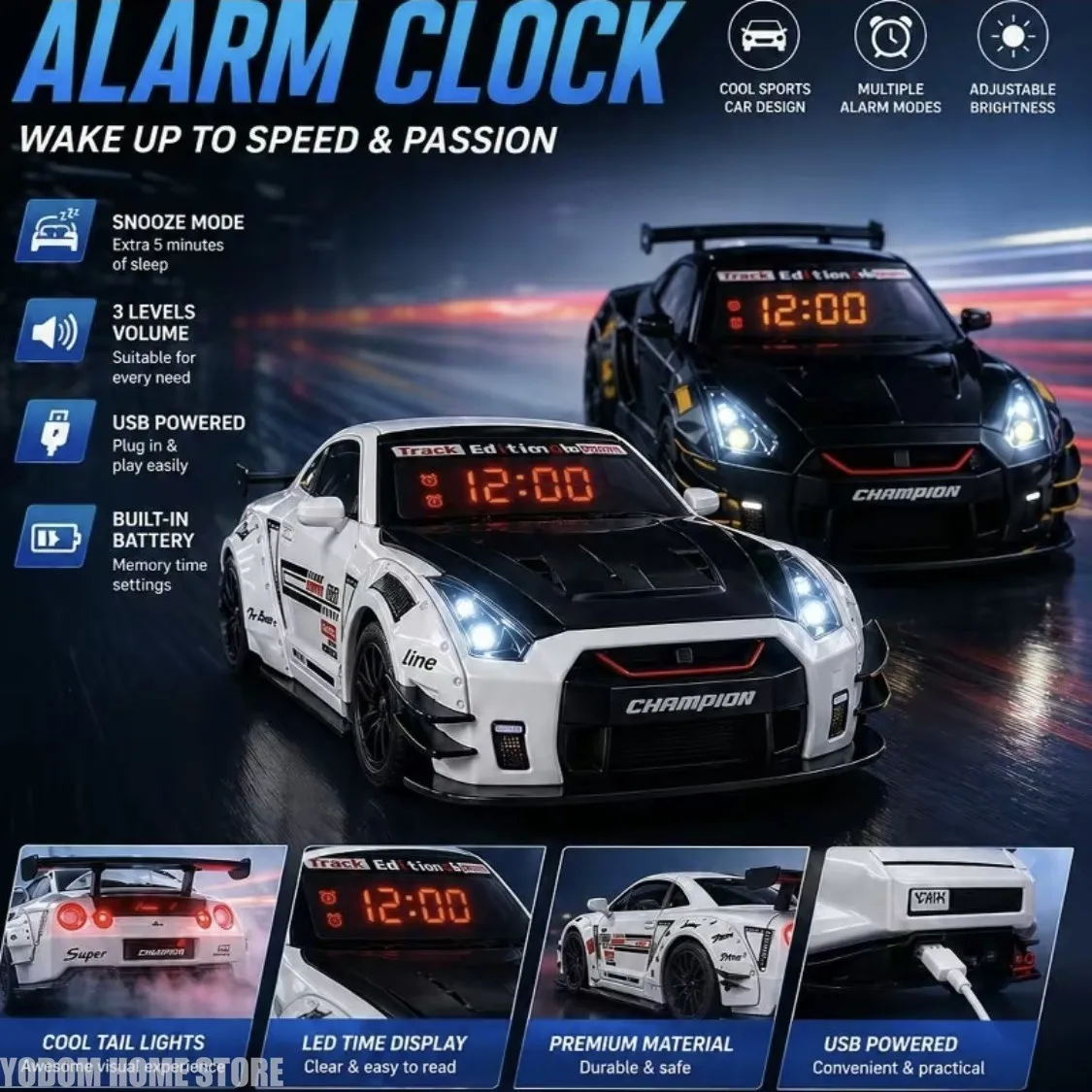 Remote Control LED Supercar Alarm Clock Engine Sound Exhaust Light Rechargeable Bedroom Decor Gift