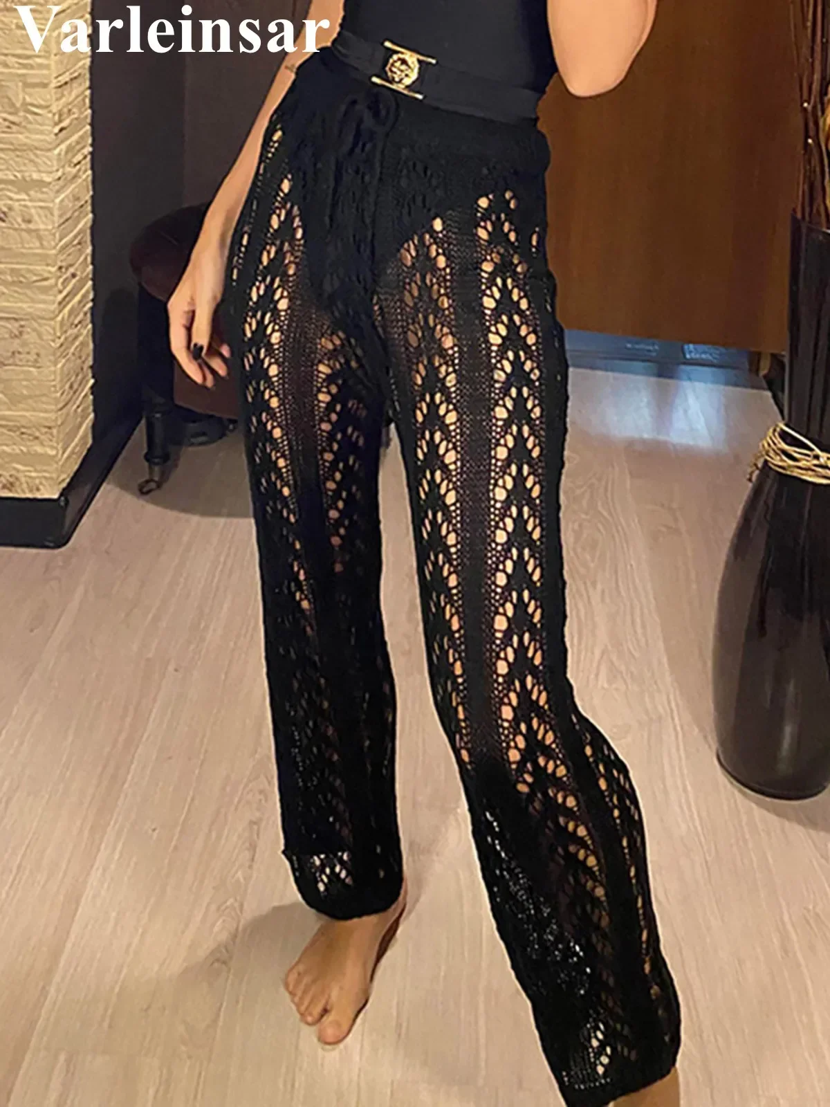

S - XL Women Crochet Knitted Beach Pants Hollow Out Elastic Straight Casual Trouser Holiday Beach Wide Leg Bikini Cover Up V2651