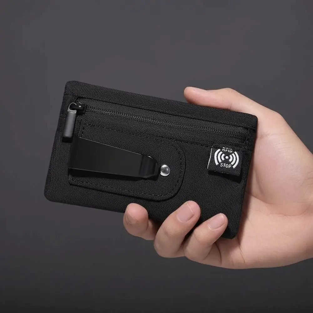 Coin Pouch Thin Clip Stash Pouch Multiple Card Classic Card Bag with Back Clip Antimagnetic Simple RFID Protection Wallet School