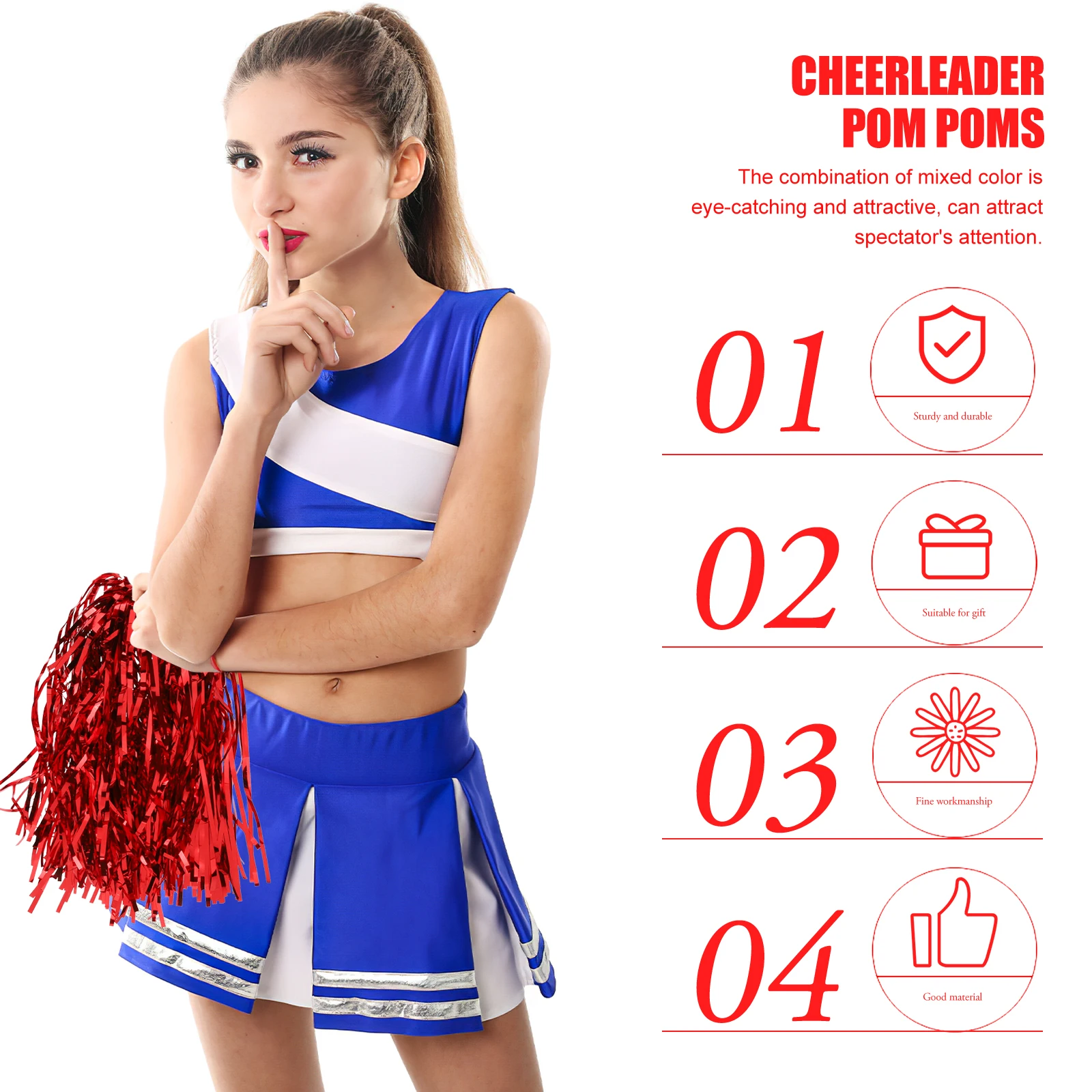 

24pcs Cheerleading Pom Poms 20g Red Straight Handle Reusable Kids Adults School Gymnastics Dance Props Bright Colors