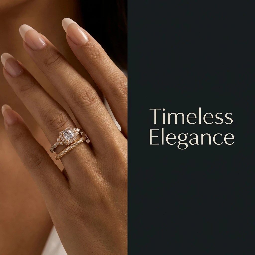 2-teiliges Reise-Ringset für Damen: Messing-Zirkon-Kissen-Halo-Verlobungsring-Alternative mit Pavé-Band – Sorgenfreier Schmuck – Detail 1