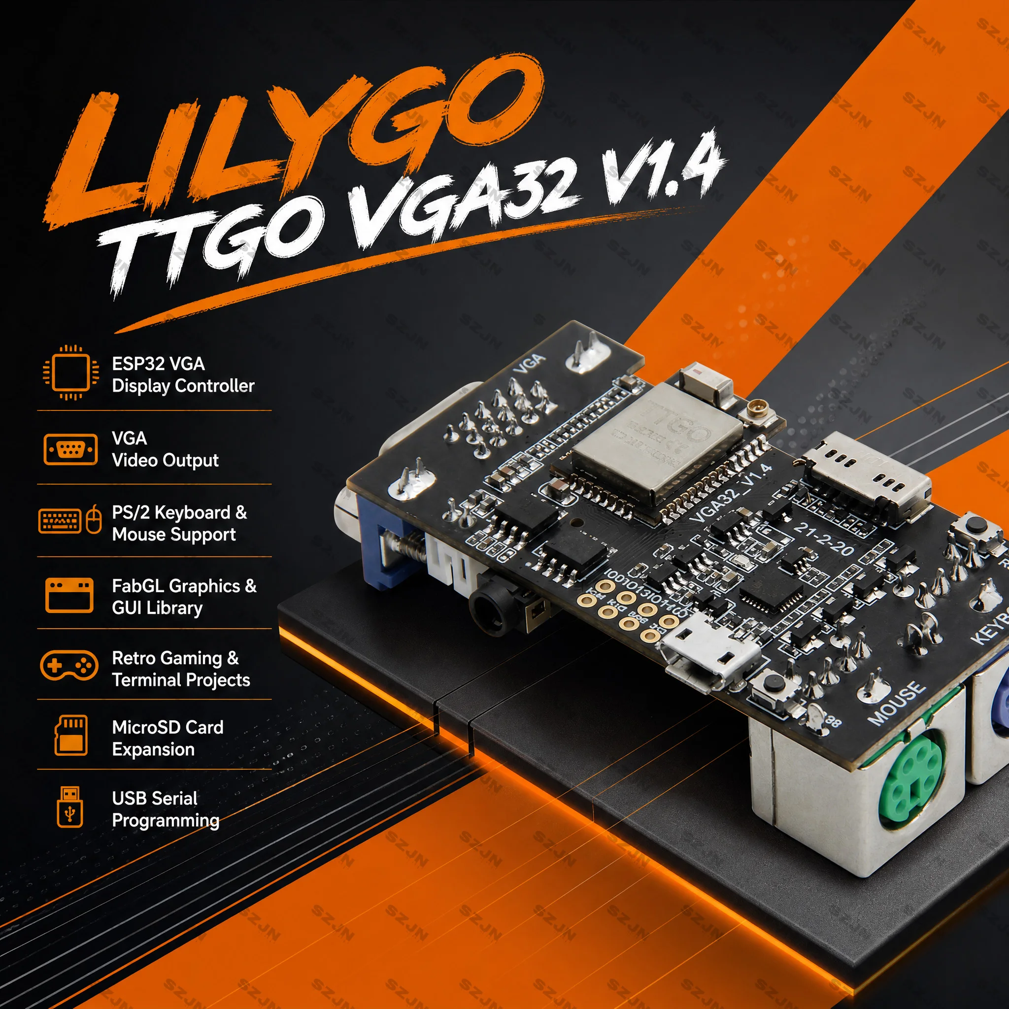 LILYGO FabGL VGA32 ESP32 VGA Controller Board PS/2 Keyboard Mouse Graphics Library Game Engine ANSI VT Terminal