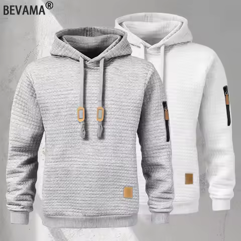 Novo Outono Moletom com Capuz Masculino Padrão Waffle Manga Longa Moletom Cor Sólida Casual Quente Pulôver ao Ar Livre Roupas Esportivas Masculinas