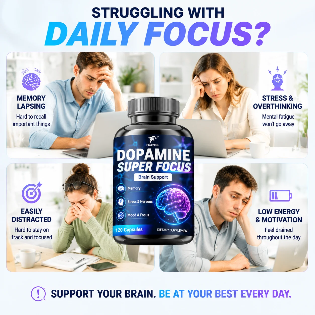 Dopamine Capsules, Support Memory Mental Clarity Concentration Brain Health, Ease Stress Nervousness Balance Mood for Students