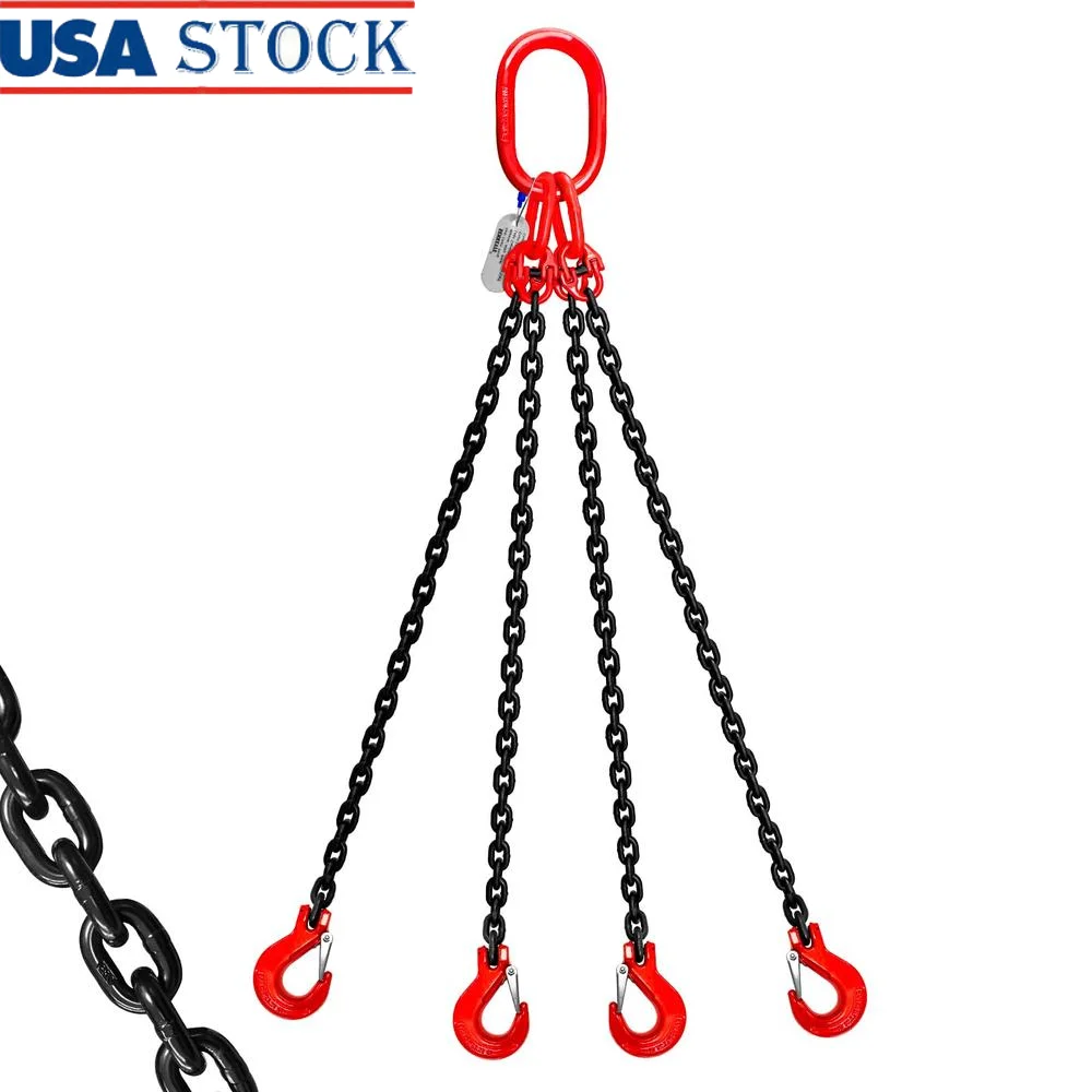 6 Ton Industrial Chain Sling 5/16 Inch x 5 Ft Capacity 13400LBS G80 Alloy Steel 4 Leg Lifting Chains Grab Hooks Long-term Use