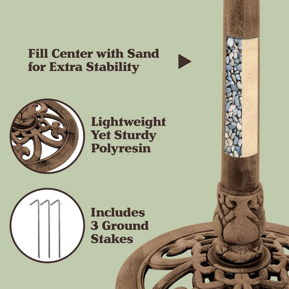 アンティークブロンズの鳥の水飲み場、ヴィンテージスクロールデザイン、耐候性樹脂製、庭の屋外装飾用の地面用杭3本付き