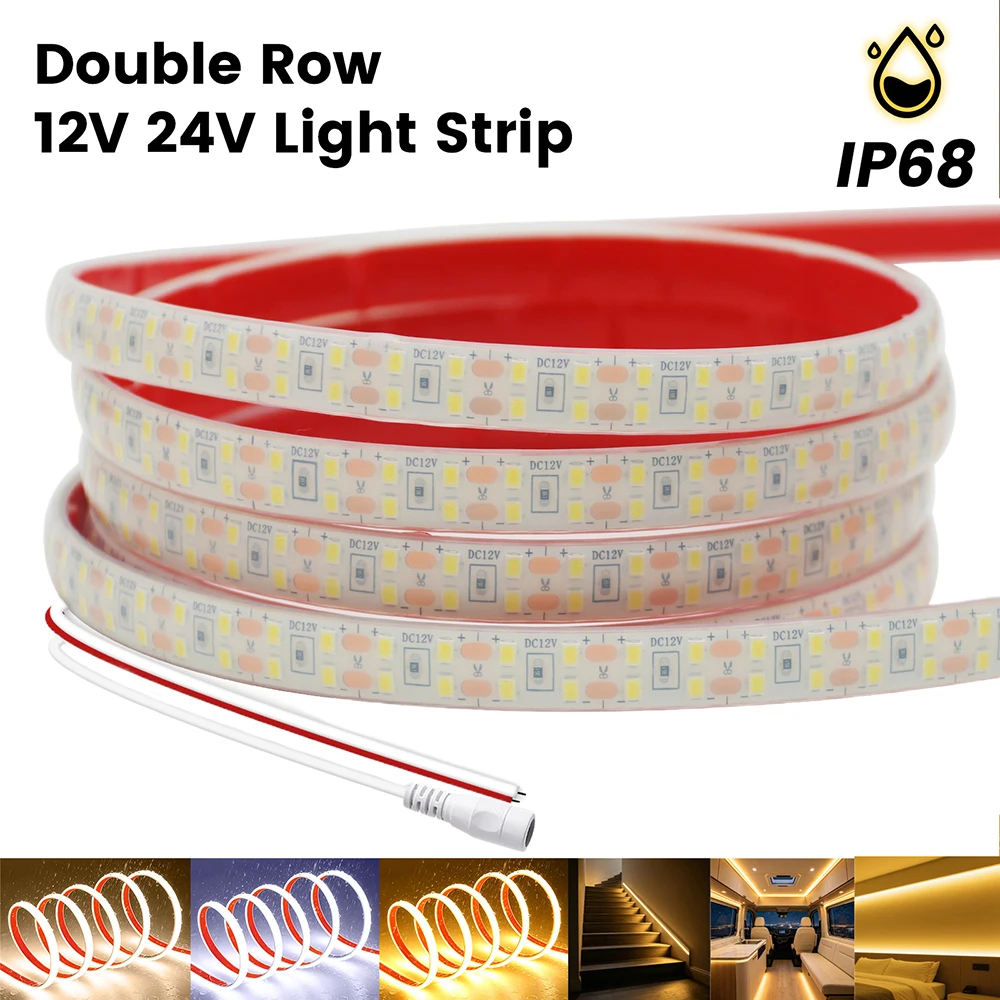 12V 24V Double Row 2835 Led Strip Light IP68 Waterproof Warm/Natural/Cold White Lighting 240LEDs/m Flexible Adhesive Tape Ribbon