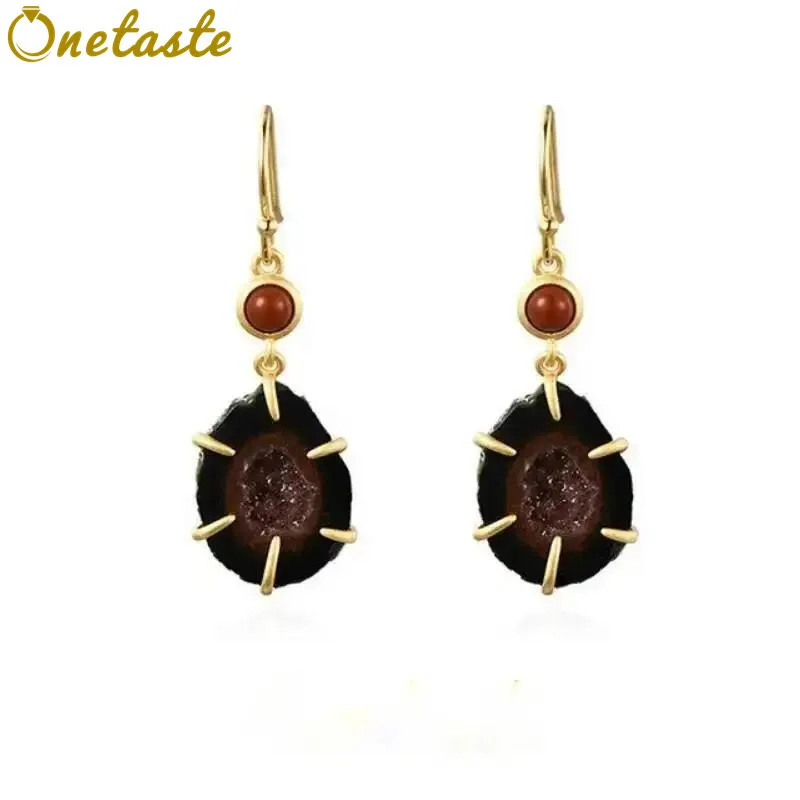 

Natural Agate Rough Stone 925 Silver Gold Plated Dangle Earrings Women Trendy Luxury Gemstone Designer Unusual Earring Gift