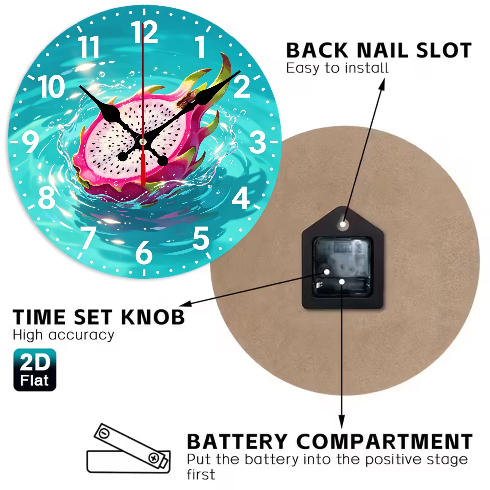 Dragon Fruit Wooden Wall Clock, Silent Non Ticking Quartz Movement, 10/12 Inch Round Wood Clock for Home Decor, Living Room Bedroom Wall Decoration