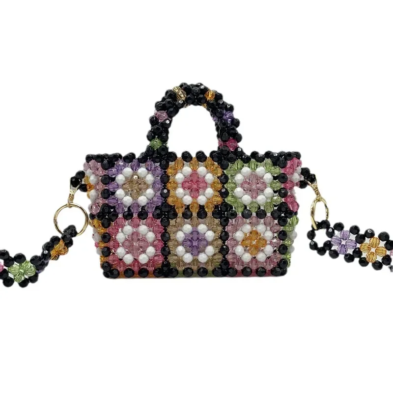 Colorful Beaded Flower Handbags For Women Fashion Hollow Hand-beaded Small Handbag Tote Bags Ladies Daily Shopping Shoulder Bag