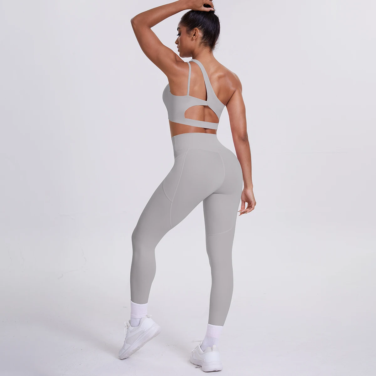 2-teiliges einfarbiges Sport-Yoga-Set für Damen, sexy, schräger Schulter-BH, Fitness-Top, Laufen, Radfahren, Taschen, Hosen, Fitnessstudio, Yoga-Set – Detail 29