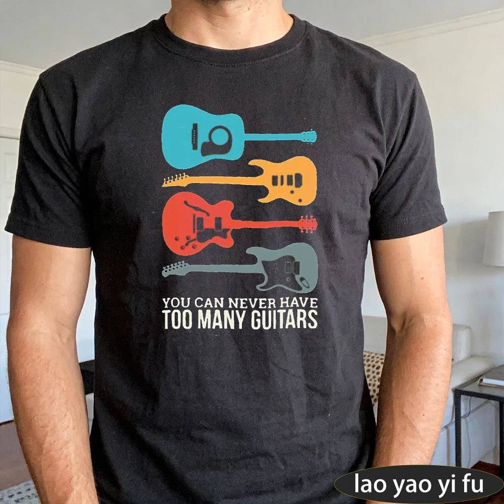 Vintage Guitar Silhouette Print You Can Never Have Too Many Guitars Men Cotton T-Shirt Summer Short Sleeve Guitarist Gift Tee