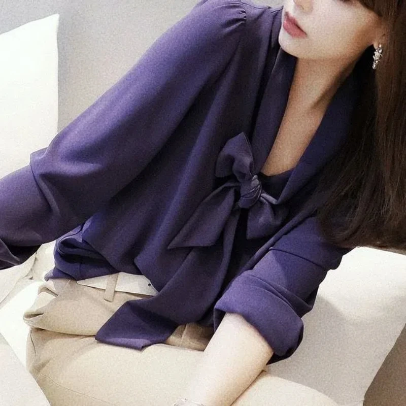 Spring Autumn New Solid Color Scarf Collar Long Sleeve Shirt Women High Street Casual Button Cardigan Elegant All-match Tops