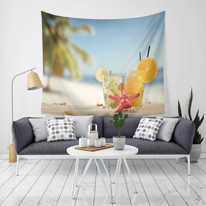 Beach Coconut Tree Juice Pattern Tapestry Home Decor Wall Hanging Hawaii Style Tapestry Blanket Bedroom Living Room Decoration
