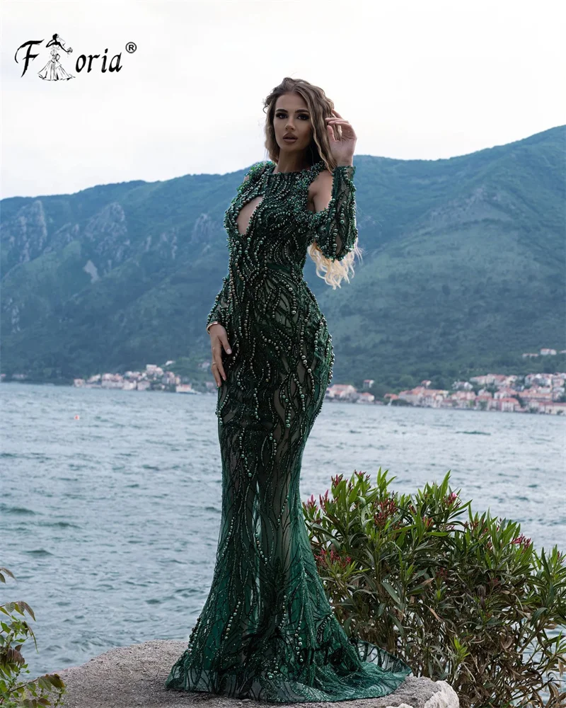 

Elegant Full Pearls Feather Mermaid Evening Dress One Shoulder Beaded Crystal Floor Length Dubai Arab Prom Dress Robe De Soiree