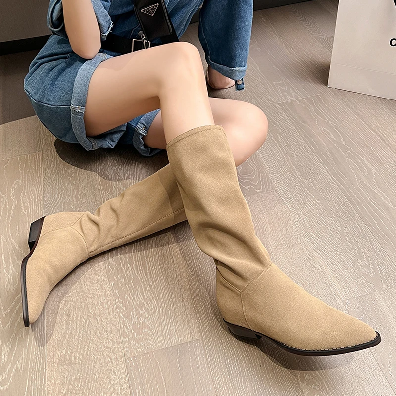 

2024 Genuine Lathe Women Knee High Boots Fashion Autumn Winter Pointed Toe Thick Low Heels Shoes Woman Size 34-40