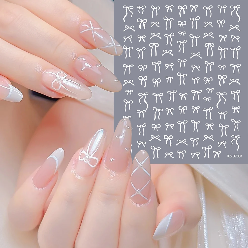 12개입 화이트 리본 하트 네일 아트 스티커 10X8cm 셀프 접착 리본타이 러브 하트 네일 데칼 프렌치 팁 매니큐어 슬라이더 스티커