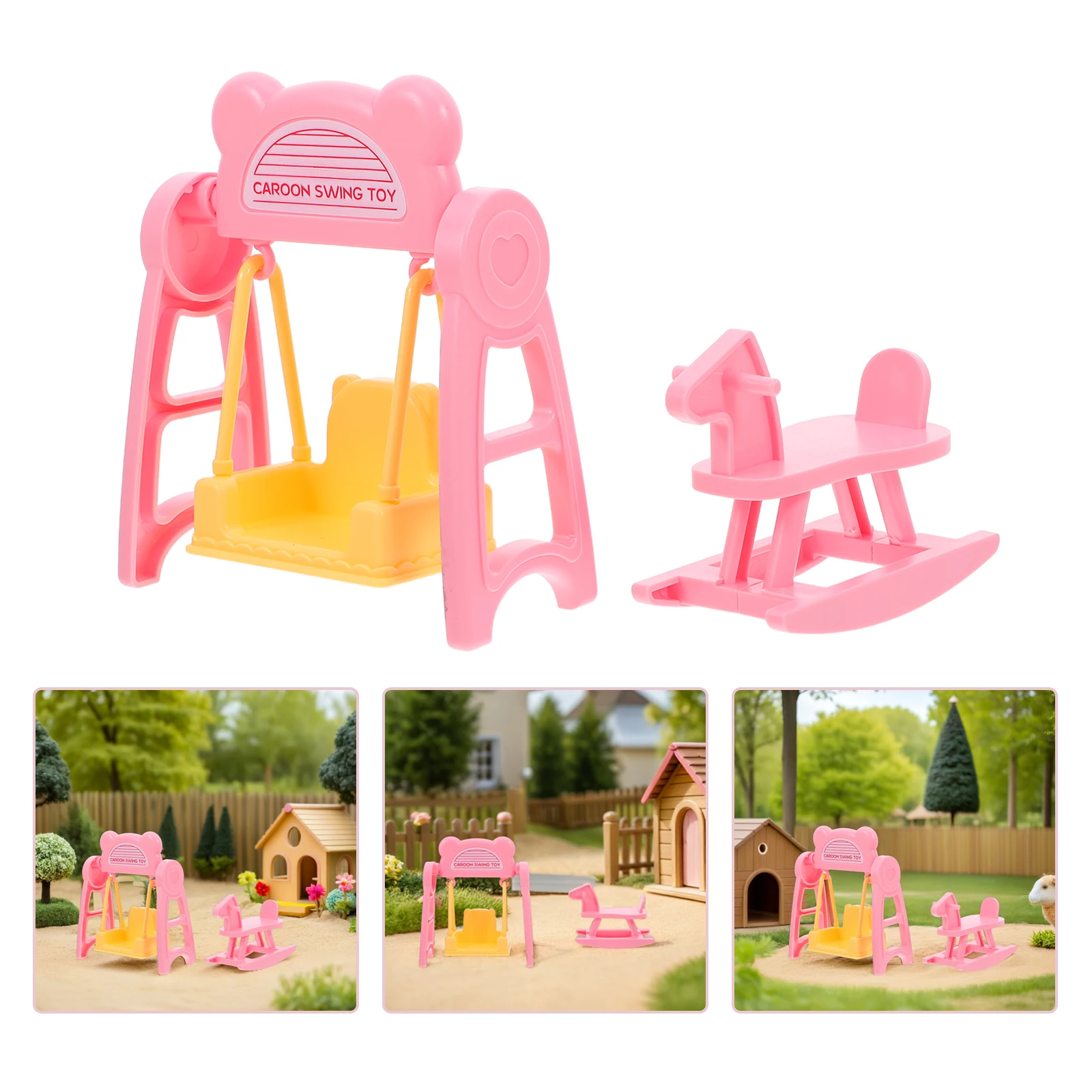 2 ensembles de meubles miniatures pour maison de poupée, accessoires pour enfants, jeu de simulation, cheval à bascule pour enfants, jeu de rôle intérieur et extérieur