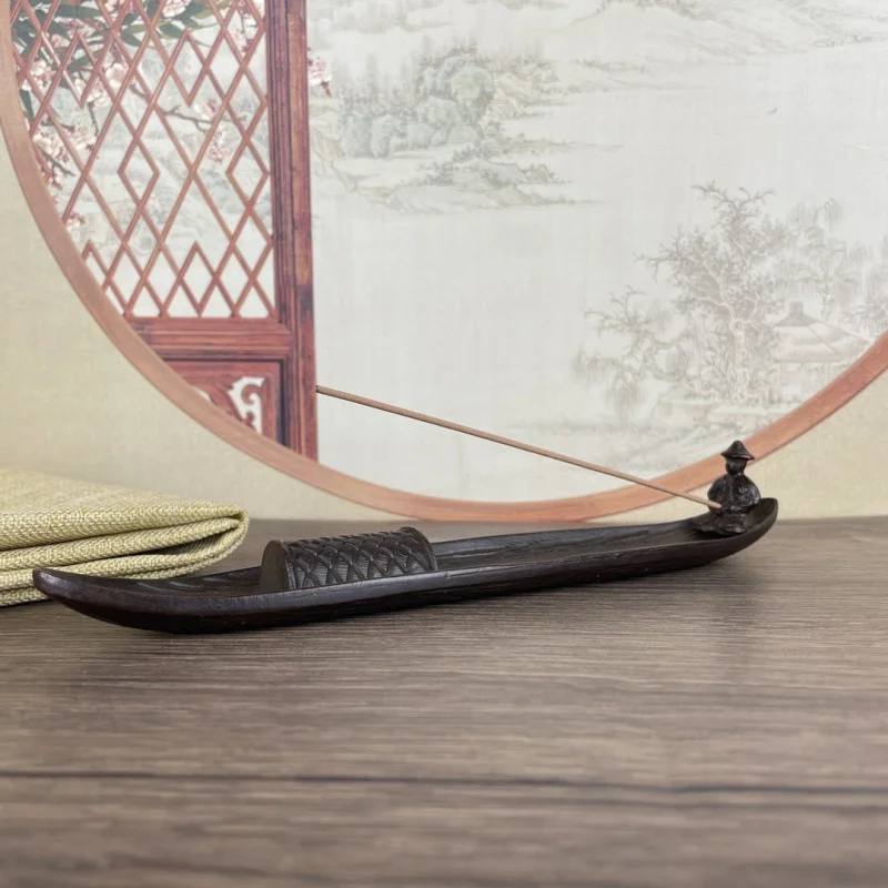Antique Bronze Thickened Incense Holder with Figure of an Old Man Standing on a Boat, New Chinese Style Home Decor for Study, Li