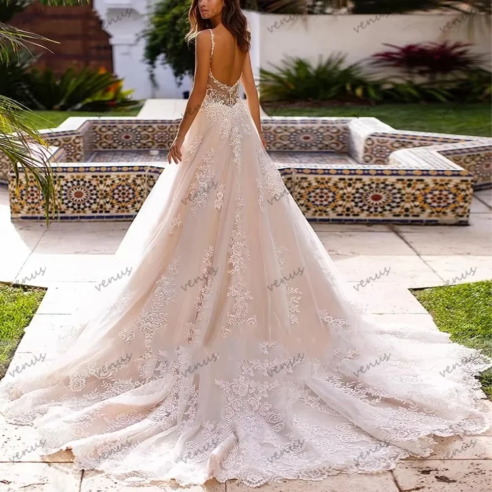Pretty Wedding Dresses Glamorous Bridal Gowns Lace Appliques Sleeveless Backless Robes Charming Vestidos De Novia Customized