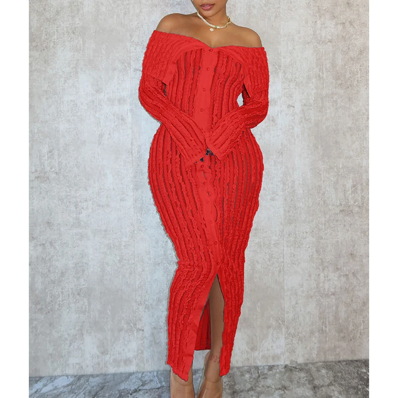 Women's Summer Off Shoulder Bodycon Dress Sexy Long Sleeve Button Down See Through Mesh Sundress Club Party Maxi Dresses Vestido