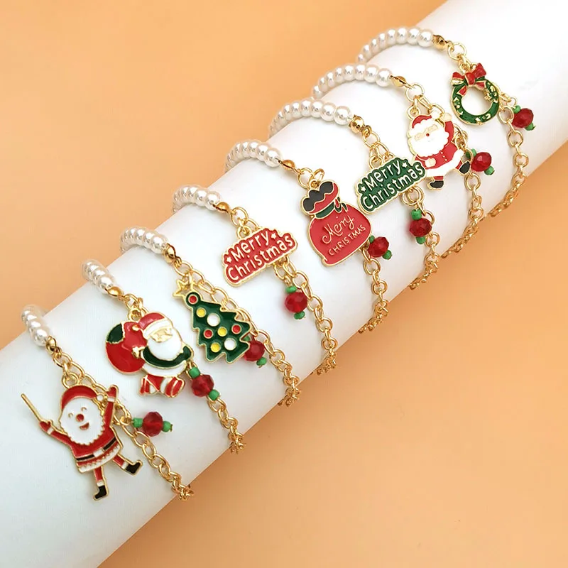 Bracelets pendentif pompon père Noël pour femme, bonhomme de neige rouge, cloches de Noël, chaussettes, gants, perles en résine, bijoux du Nouvel An