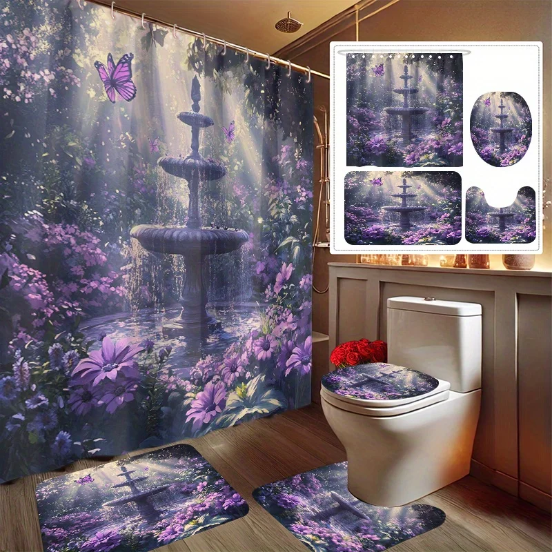 

4pcs Festive Garden Print Shower Curtain Set, Decorative Bathroom Set Includes Shower Curtain, Non-Slip Floor Mat, Toilet Seat