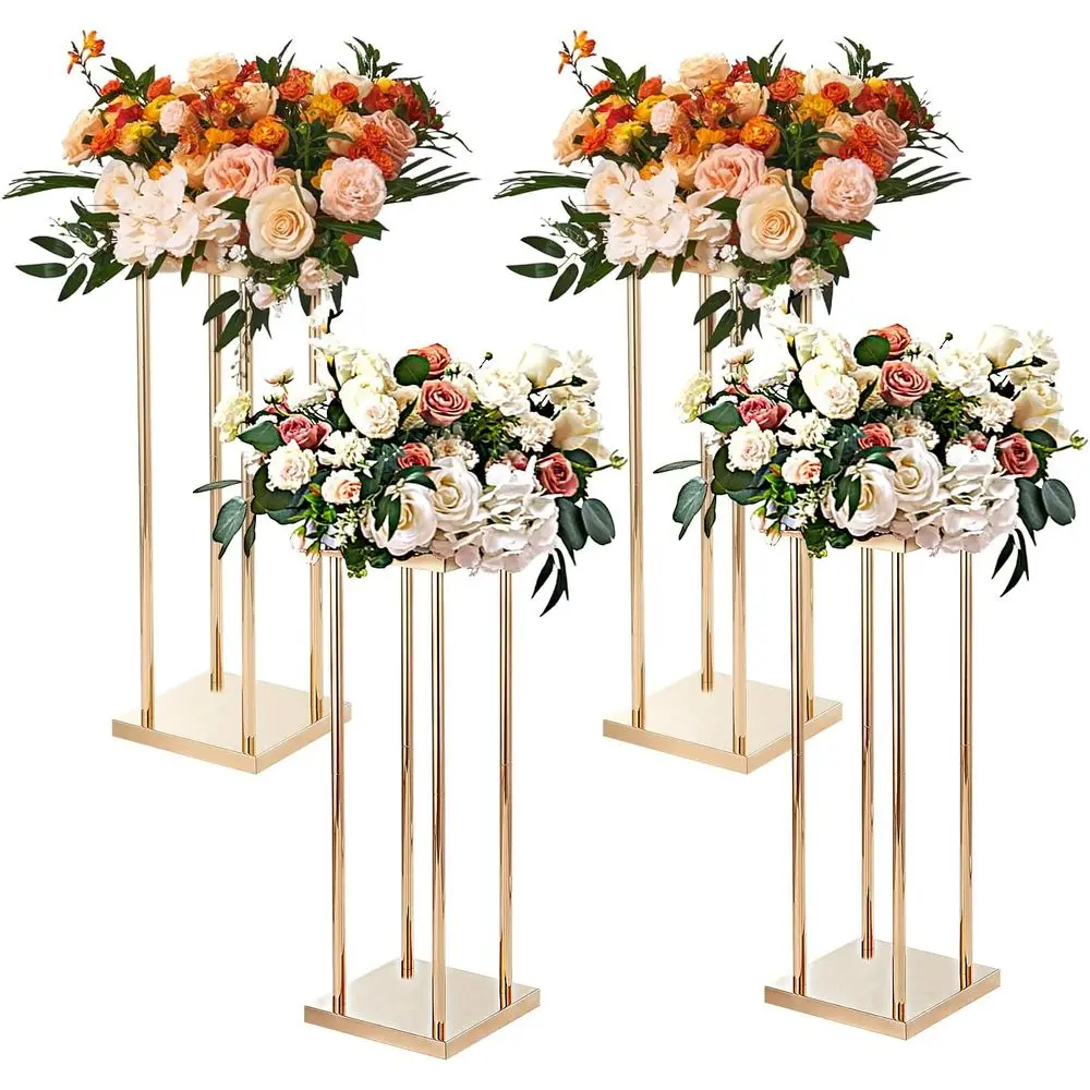Gold Metal Column Wedding Lower Stand, 31.5inch High With Metal Laminate, Vase Geometric Centerpiece Stands, Cylindrical Floral