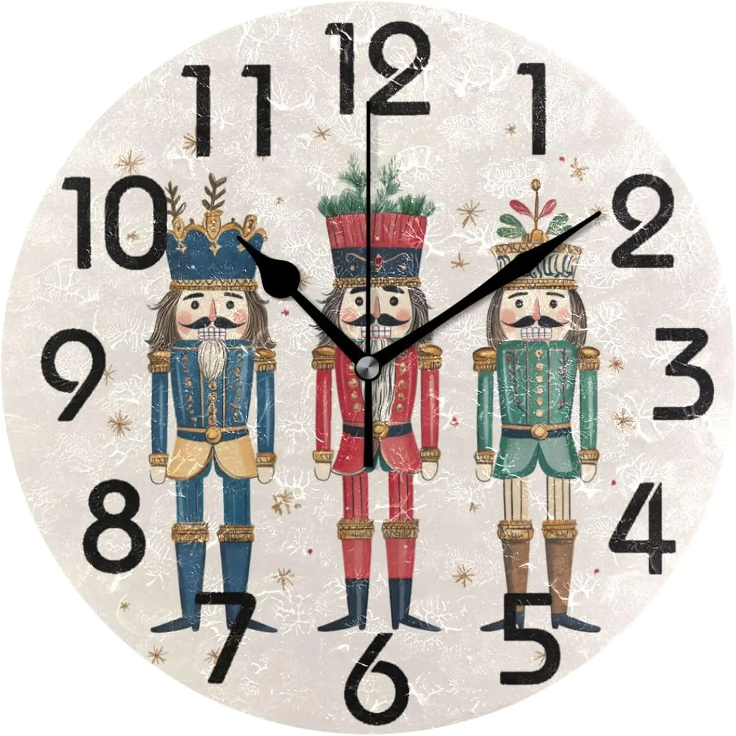 Large 10 Inch Round Wall Clock, Hand-drawn Nutcracker Soldiers Christmas Battery Operated Analog Quiet Non Ticking Desk
