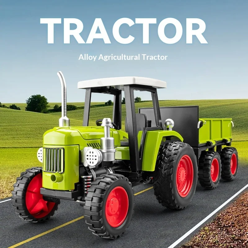 Alloy Agricultural Farm Tractor Model With Sound And Light Pull Back Openable Engine Cover Liftable Dump Trailer For Boys